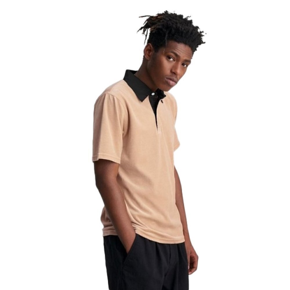 SATURDAYS NEW YORK CITY Jake velour polo British Khaki men’s polo Top Size S